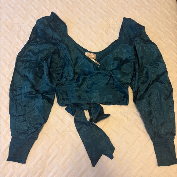 Teal Crop Wrap Long Sleeve Top - Picture 3 of 6